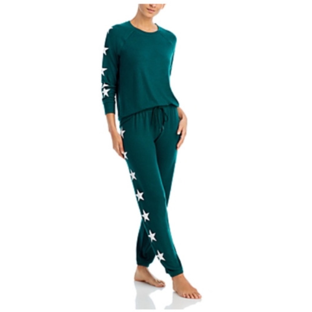 AQUA Sleep Long Sleeve Star Print Pajama Set Women Medium Dark Green PJ Joggers